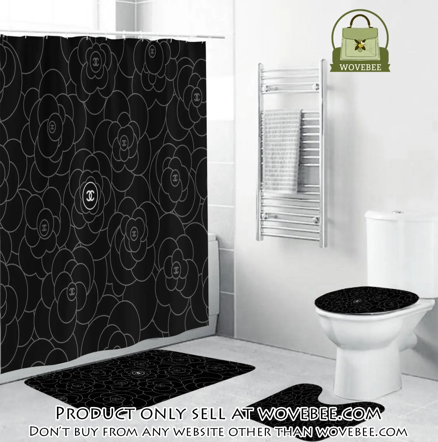 Chanel white signature flower in black background bathroom set accessories wvb4656603